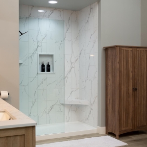 Shower Wall System in Glacier Coast Marble Shower Wall System in Glacier Coast Marble