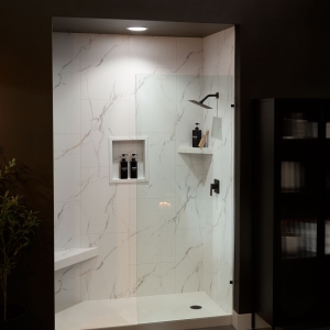 Shower Wall System in Glacier Coast Marble Shower Wall System in Glacier Coast Marble